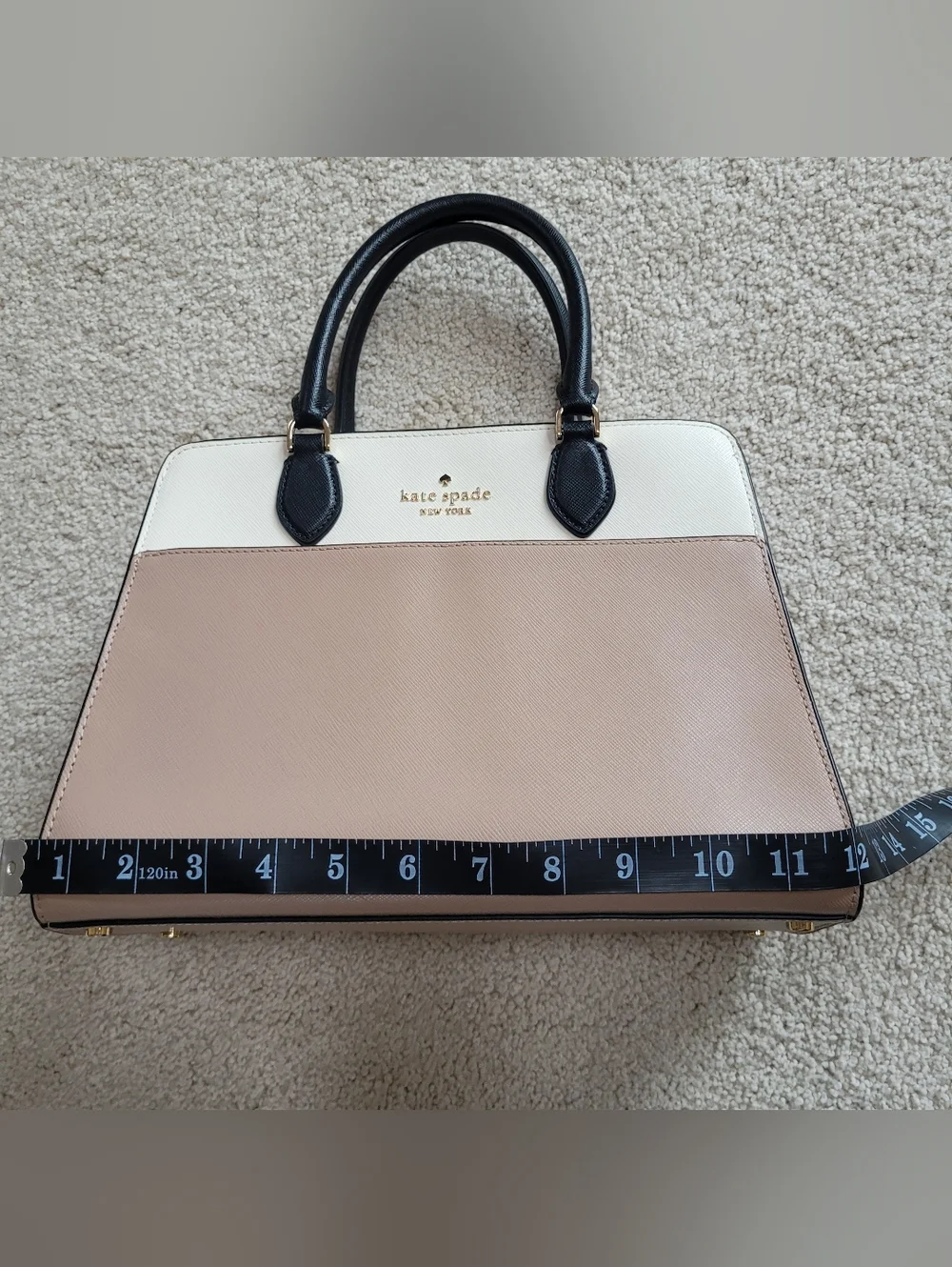 Kate Spade Womens Cream Tan Black Leather Madison Top Zip Medium Satchel